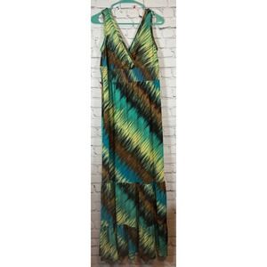 AB Studio Maxi Dress Sleeveless Casual Smocked Waist Blue Brown L